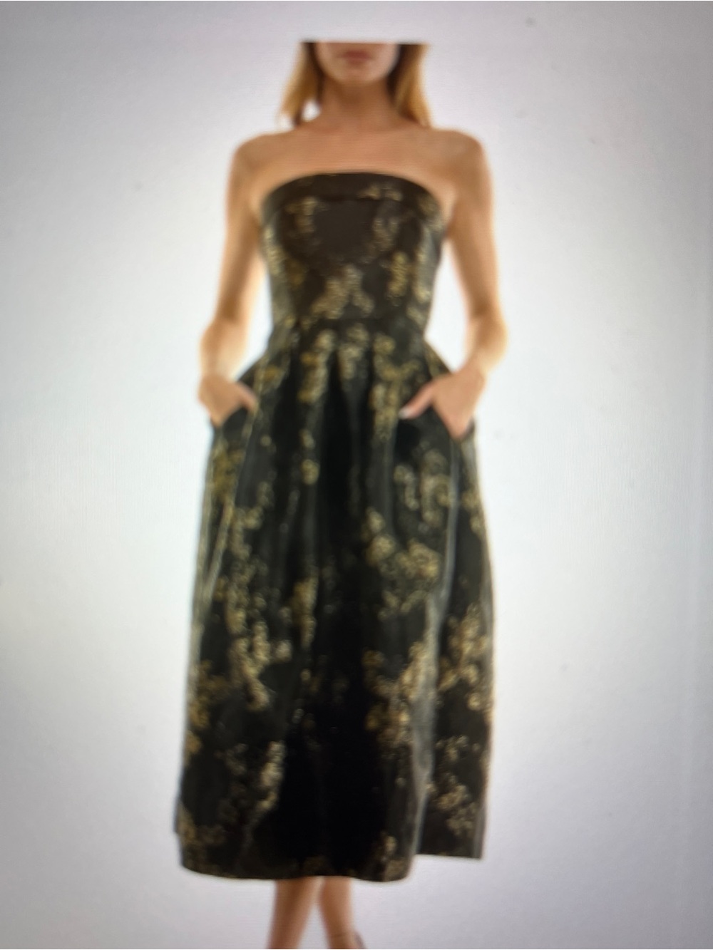 Socialite Black Strapless Tea Length Dress with Gold Floral Brocade